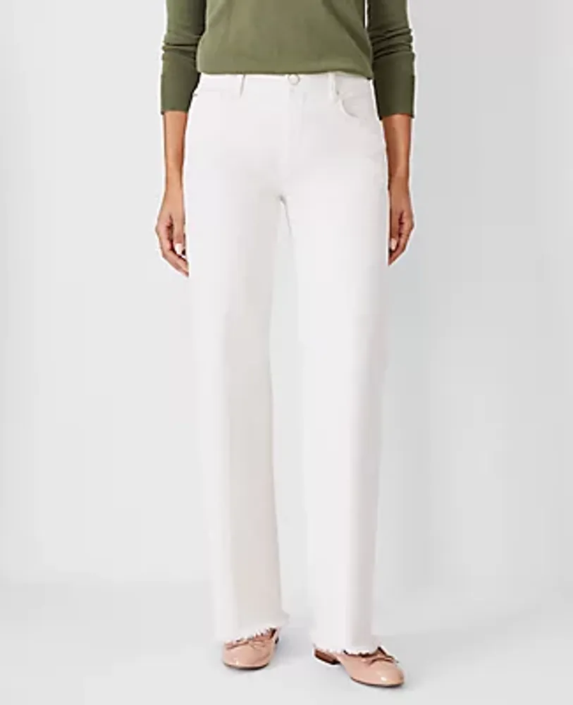 Ann Taylor AT Weekend Frayed Mid Rise Wide Leg Jeans Ivory