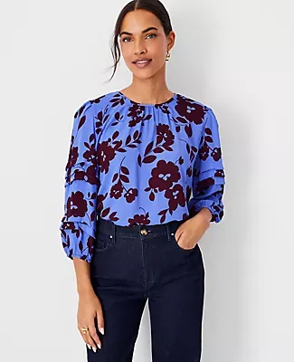 Ann Taylor Floral Mixed Media Pleated Top