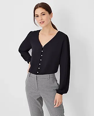 Ann Taylor Petite Pearlized Mixed Media V-Neck Button Top
