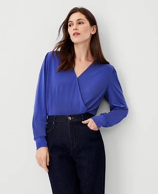 Ann Taylor Blouson Knit Wrap Top Azurine Blue Women's