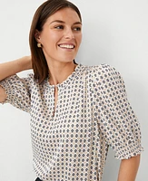 Ann Taylor Geo Ruffle Neck Popover Top White Women's