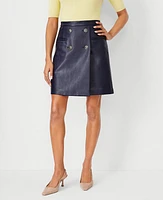 Ann Taylor Petite Pebbled Faux Leather Button Wrap Pocket Skirt Night Sky Women's