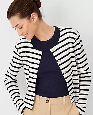 Ann Taylor AT Weekend Striped Crew Neck Knit Jacket