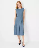 Ann Taylor The Pleated Belted Crew Neck Dress Fluid Crepe