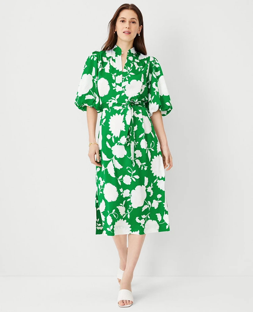 Ann Taylor Floral Split Neck Midi Dress Size XS Jolly Green Women's