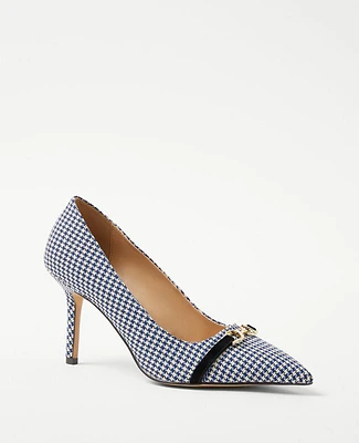 Ann Taylor Houndstooth Buckle Pointy Toe Pumps Size 9 1/2 Blue/White Combo Women's