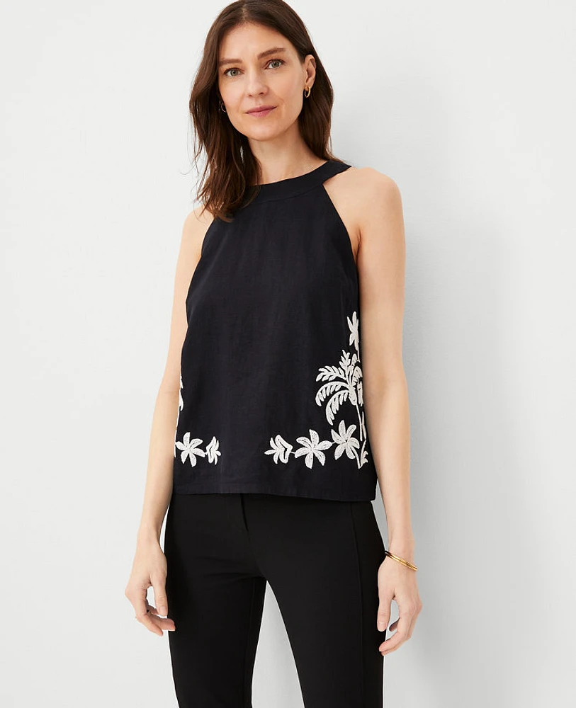 Ann Taylor Palm Embroidered Linen Blend Halter Top Black Women's