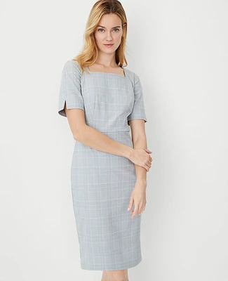 Ann Taylor The Petite Elbow Sleeve Square Neck Dress Plaid Grey Multi Women's