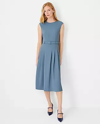 Ann Taylor The Petite Pleated Belted Crew Neck Dress Fluid Crepe