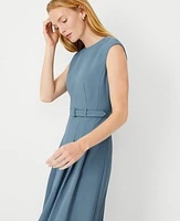 Ann Taylor The Petite Pleated Belted Crew Neck Dress Fluid Crepe Blue Echo Women's