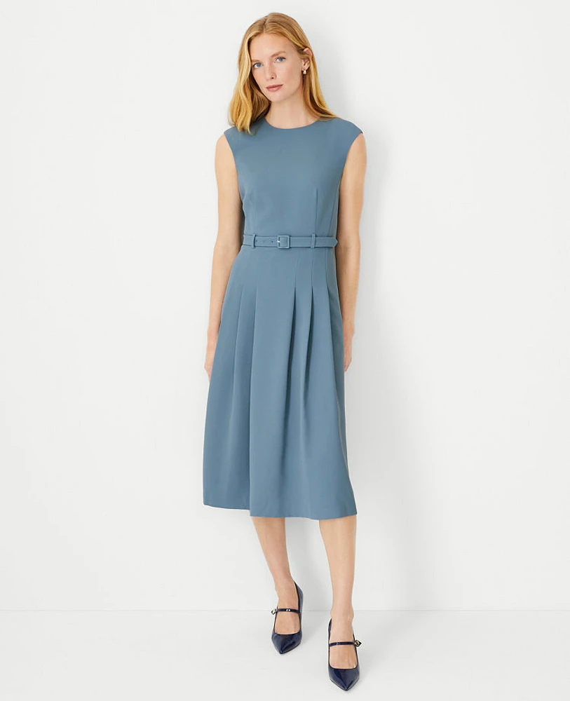 Ann Taylor The Petite Pleated Belted Crew Neck Dress Fluid Crepe Blue Echo Women's