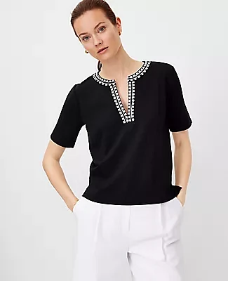 Ann Taylor Embroidered Split Neck Top
