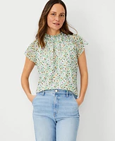 Ann Taylor Petite Floral Shirred Raglan Top Size 2XS Grass Green Women's