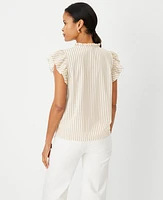 Ann Taylor Petite Striped Ruffle Split Neck Top Baguette Women's