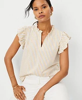 Ann Taylor Petite Striped Ruffle Split Neck Top Baguette Women's