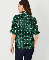 Ann Taylor Petite Floral Tile Ruffle Button Top Grass Green Women's