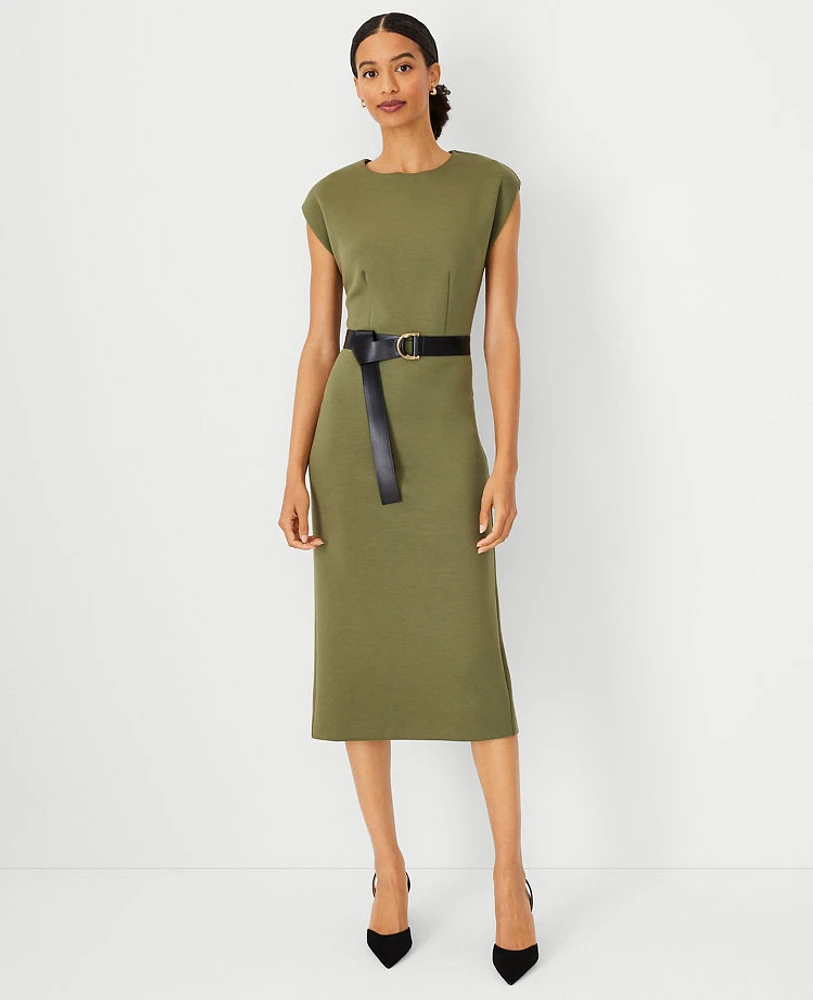 Ann Taylor Petite Faux Leather Belted Midi Sheath Dress Green Kalamata Women's