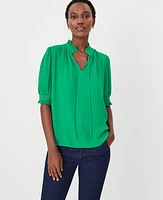 Ann Taylor Petite Embellished Smocked Tie Neck Top Grass Green Women's