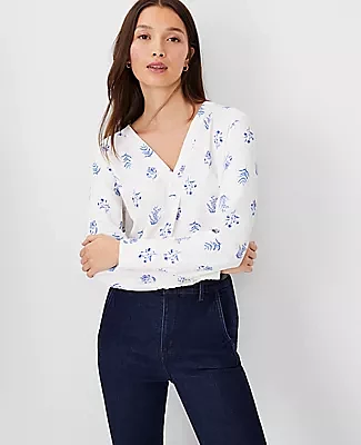 Ann Taylor Floral Mixed Media Pleat Front Top