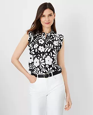Ann Taylor Floral Mixed Media Ruffle Shell Top