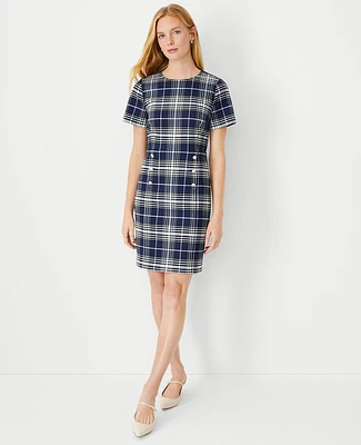 Ann Taylor Plaid Short Sleeve Sheath Dress Pure Sapphire Women's