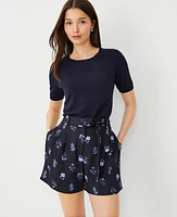 Ann Taylor Petite Floral Tie Waist Pleated Shorts Night Sky Women's