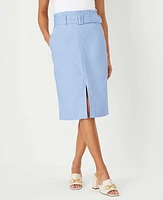 Ann Taylor Petite Chambray Linen Blend Belted Front Slit Pencil Skirt Blue Yonder Women's