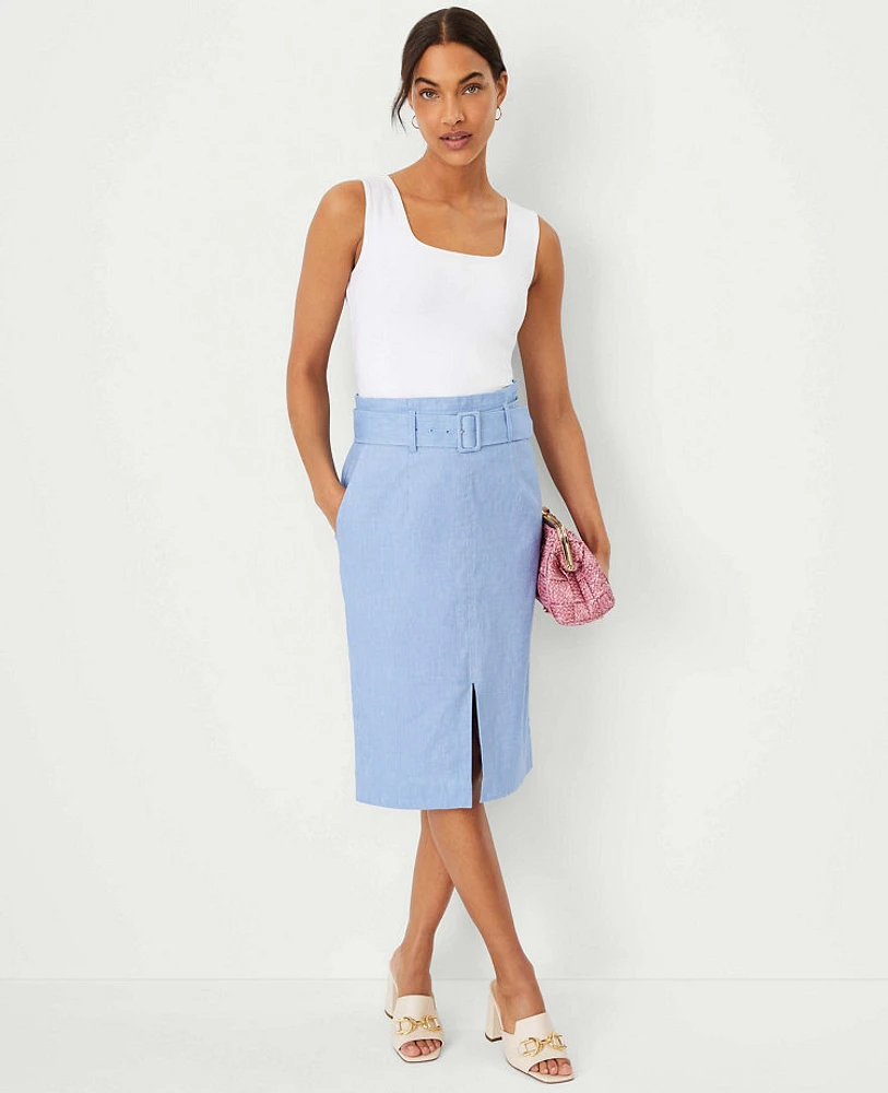 Ann Taylor Petite Chambray Linen Blend Belted Front Slit Pencil Skirt Blue Yonder Women's