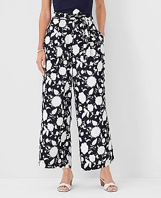 Ann Taylor The Petite Tie Waist Pleated Wide Leg Ankle Pant Floral