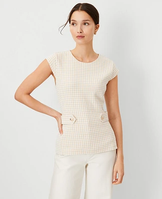 Ann Taylor Petite Gingham Button Waist Top Cashmere Khaki Women's