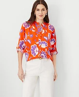 Ann Taylor Petite Floral Linen Relaxed Roll Tab Perfect Shirt Flame Azalea Women's