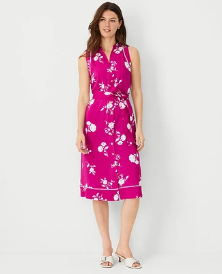 Ann Taylor Petite Floral Split Neck Midi Shirtdress Magenta Shadow Women's