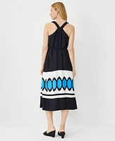 Ann Taylor Petite Geo Border V-Neck Midi Dress Black Women's