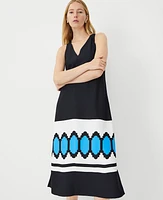 Ann Taylor Petite Geo Border V-Neck Midi Dress Black Women's