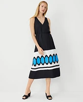 Ann Taylor Petite Geo Border V-Neck Midi Dress Black Women's