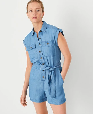 Ann Taylor Petite AT Weekend Dolman Romper Breezy Blue Chambray Women's