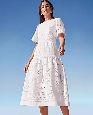 Ann Taylor Petite Eyelet Flounce Sleeve Flare Midi Dress