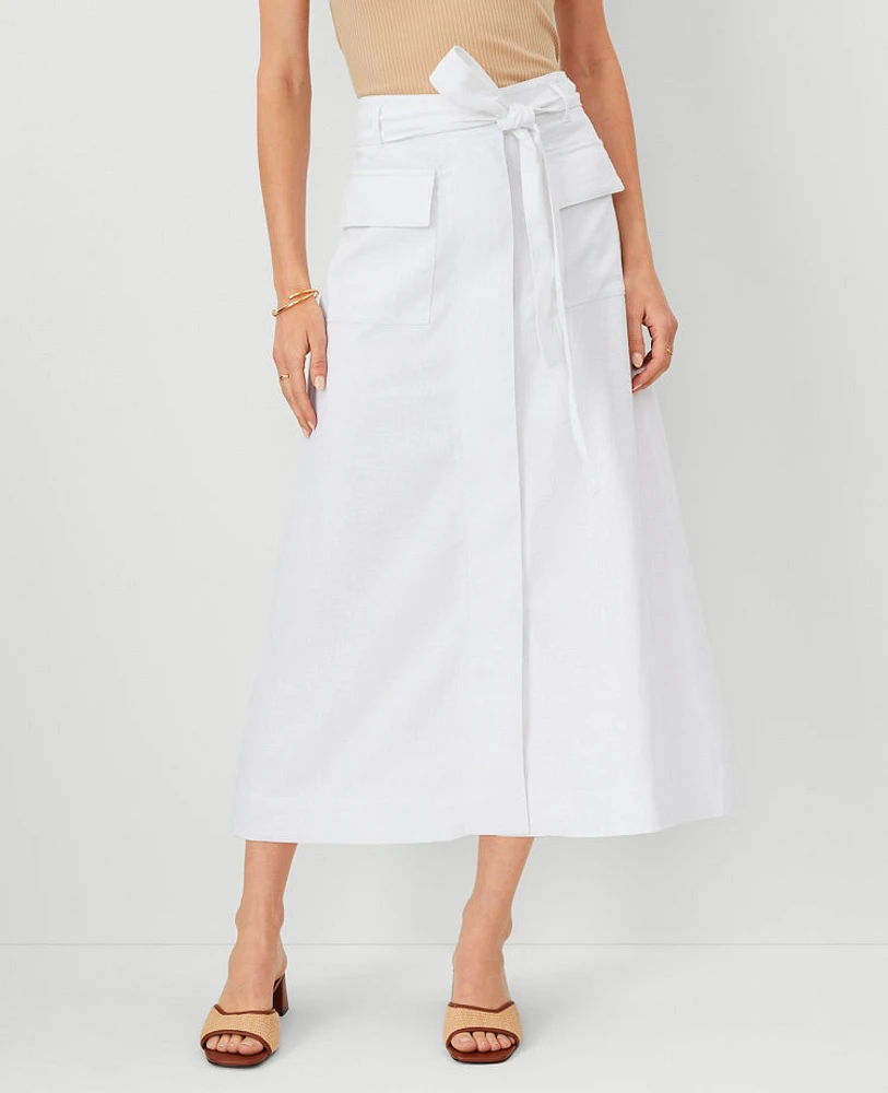 Ann Taylor Petite AT Weekend Linen Blend Cargo Midi Skirt Size 14 White Women's