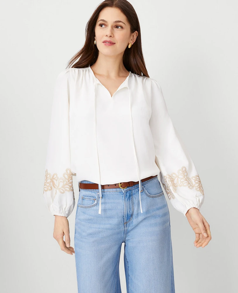 Ann Taylor Petite Embroidered Sleeve Tie Neck Top Size XS Winter White Women's