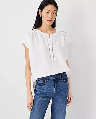 Ann Taylor Petite Linen Cutout Framed Popover Top