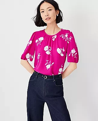Ann Taylor Petite Floral Pleated Sleeve Top