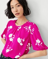 Ann Taylor Petite Floral Pleated Sleeve Top Magenta Shadow Women's