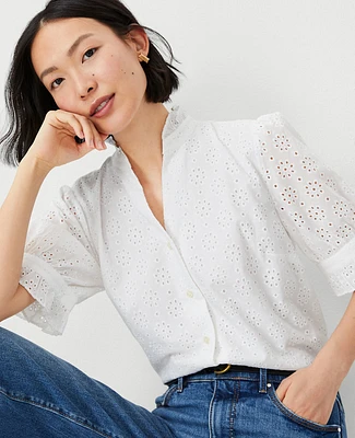 Ann Taylor Petite Cotton Eyelet Ruffle Button Top White Women's