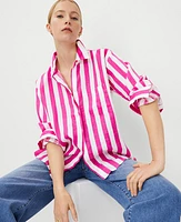 Ann Taylor Petite Striped Linen Oversized Shirt Bold Pink Women's