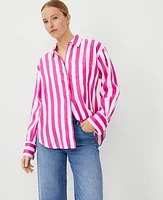 Ann Taylor Petite Striped Linen Oversized Shirt Bold Pink Women's