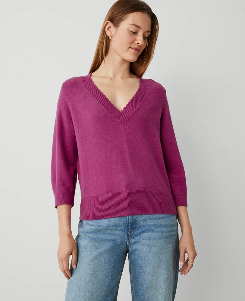 Ann Taylor Scallop Trim V-Neck Wedge Sweater Plush Mauve Women's