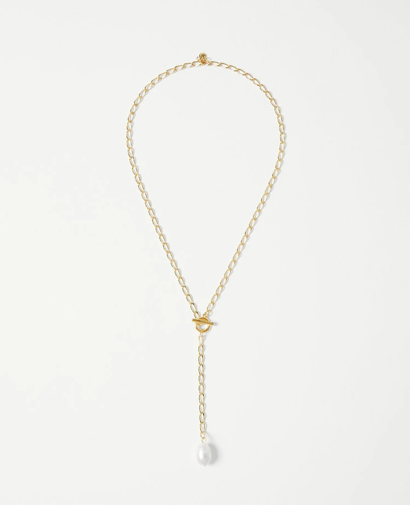 Ann Taylor Pearlized Chain Lariat Necklace Goldtone Women's