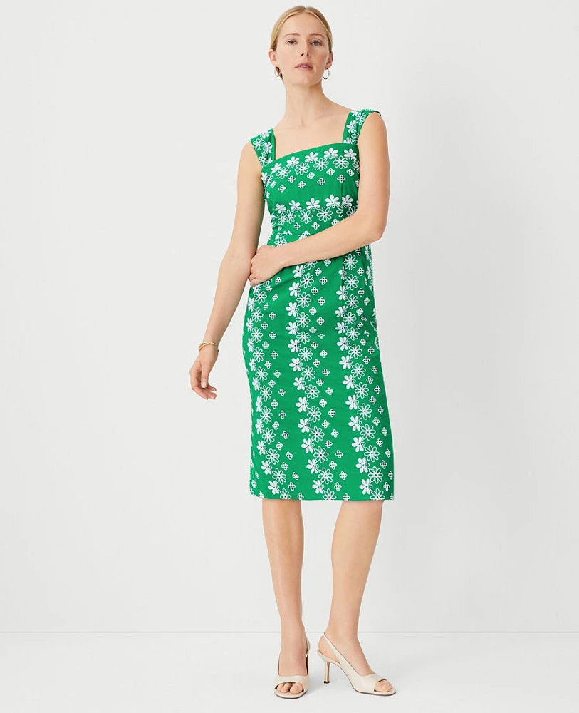 Ann Taylor Petite Eyelet Square Neck Sheath Dress Jolly Green Women's