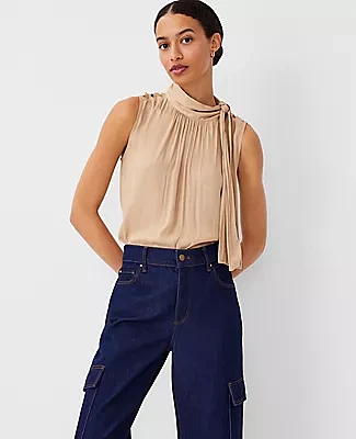 Ann Taylor Asymmetrical Tie Neck Mixed Media Shell Top