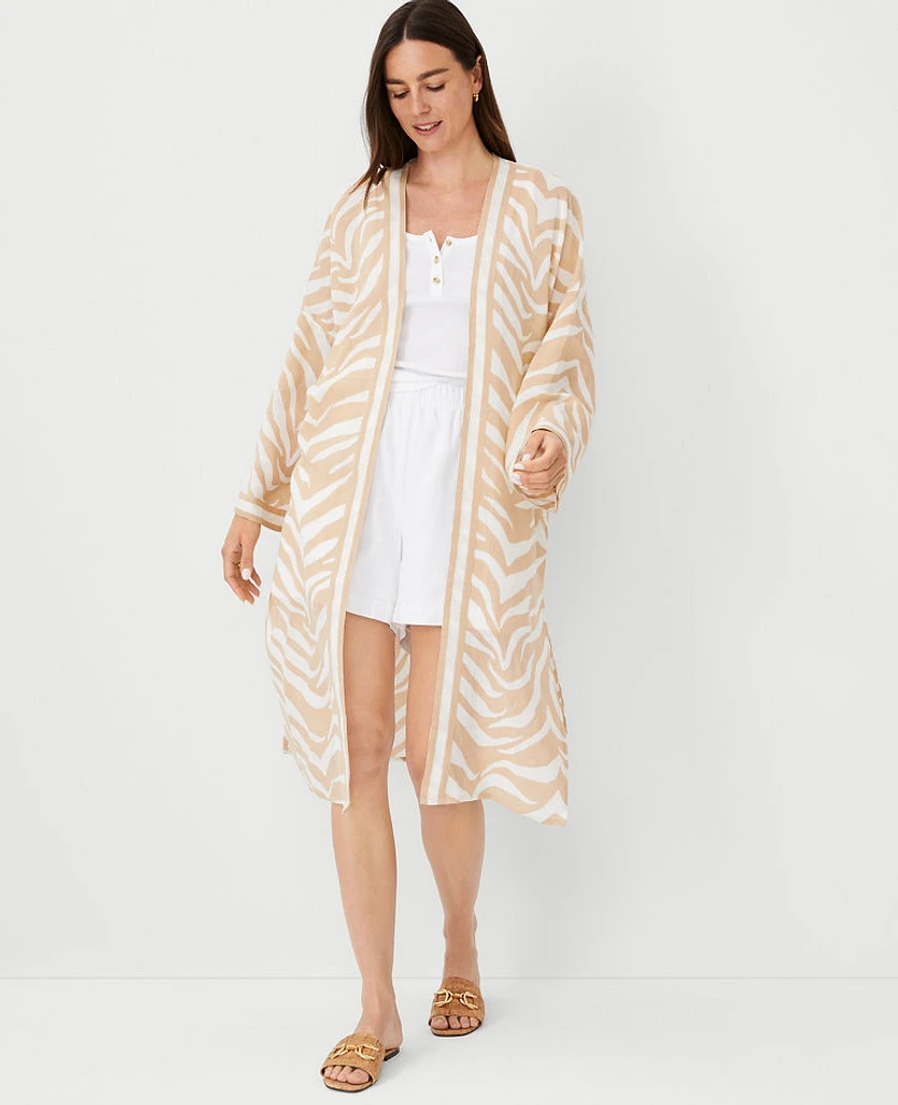 Ann Taylor AT Weekend Zebra Print Linen Cotton Long Kimono White Women's